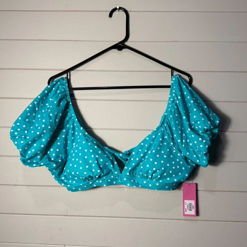 Ninety-Nine Teal Polka Dot Puff Sleeve Bikini Swim Top XL New! Boho Trendy
